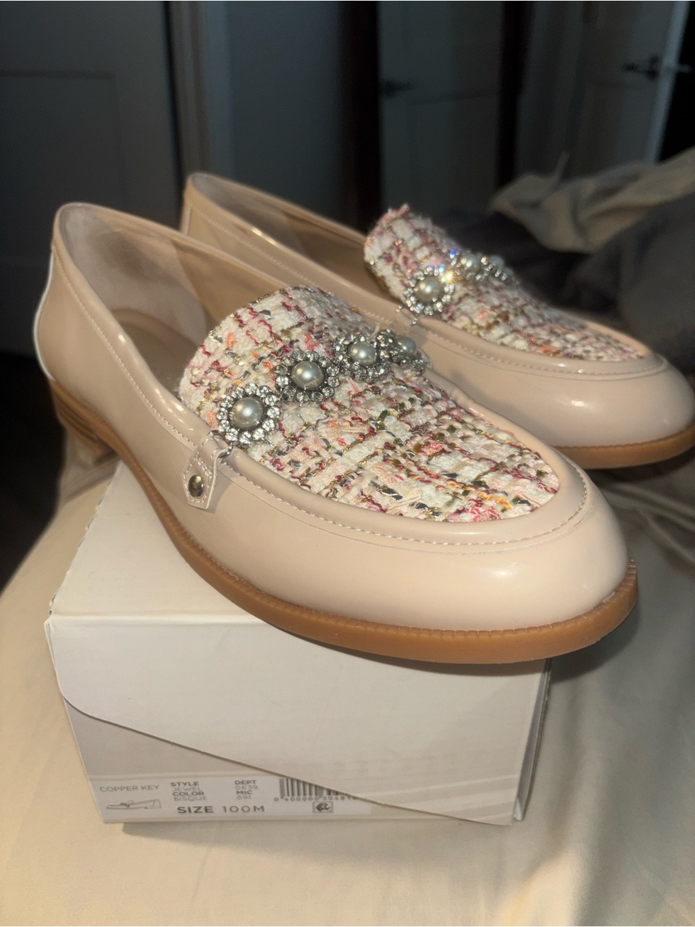 Gianni Bini Women's Pearl-Embellished Pink Tweed Loafers